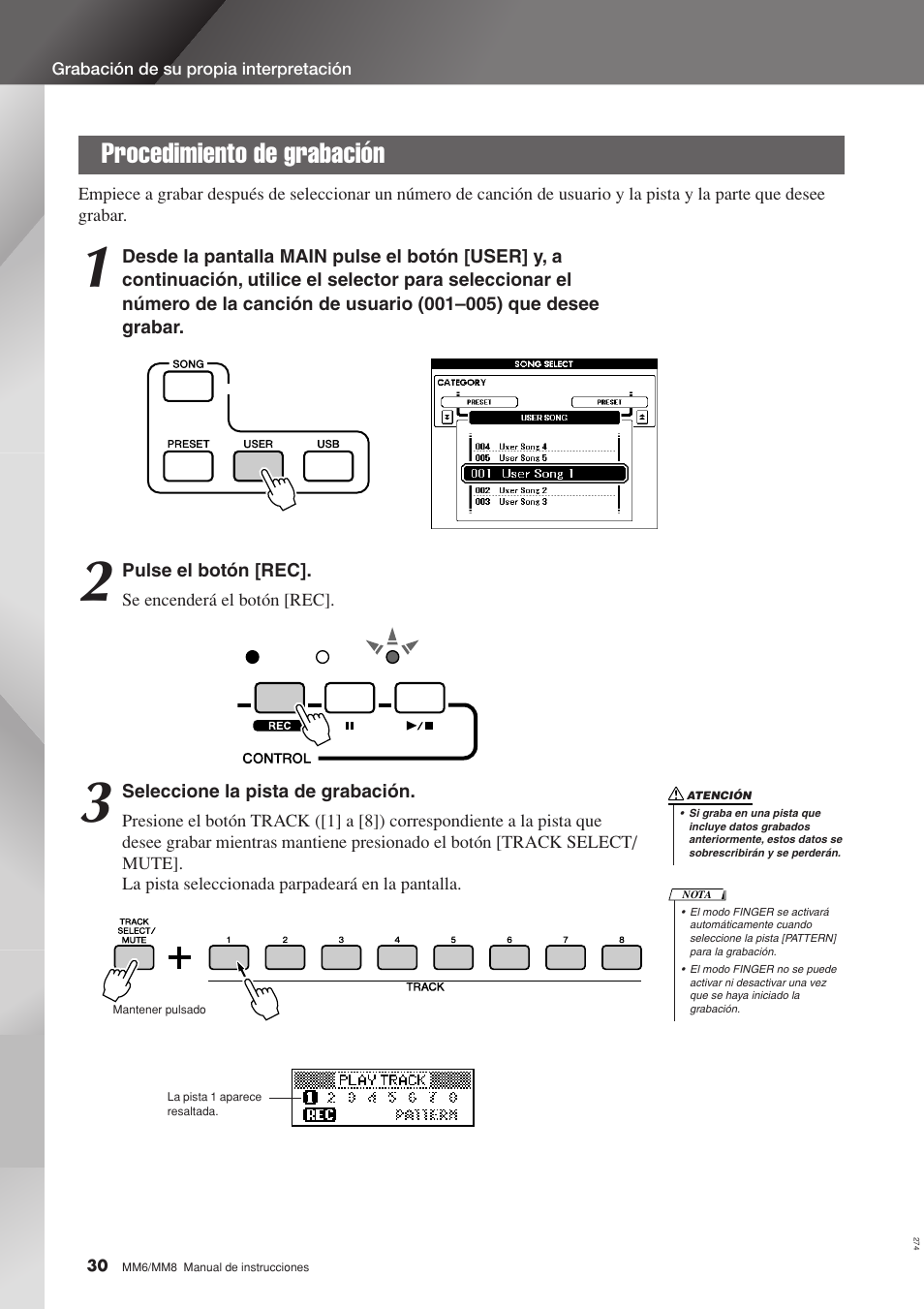 Procedimiento de grabación | Yamaha MM8  EU User Manual | Page 30 / 116