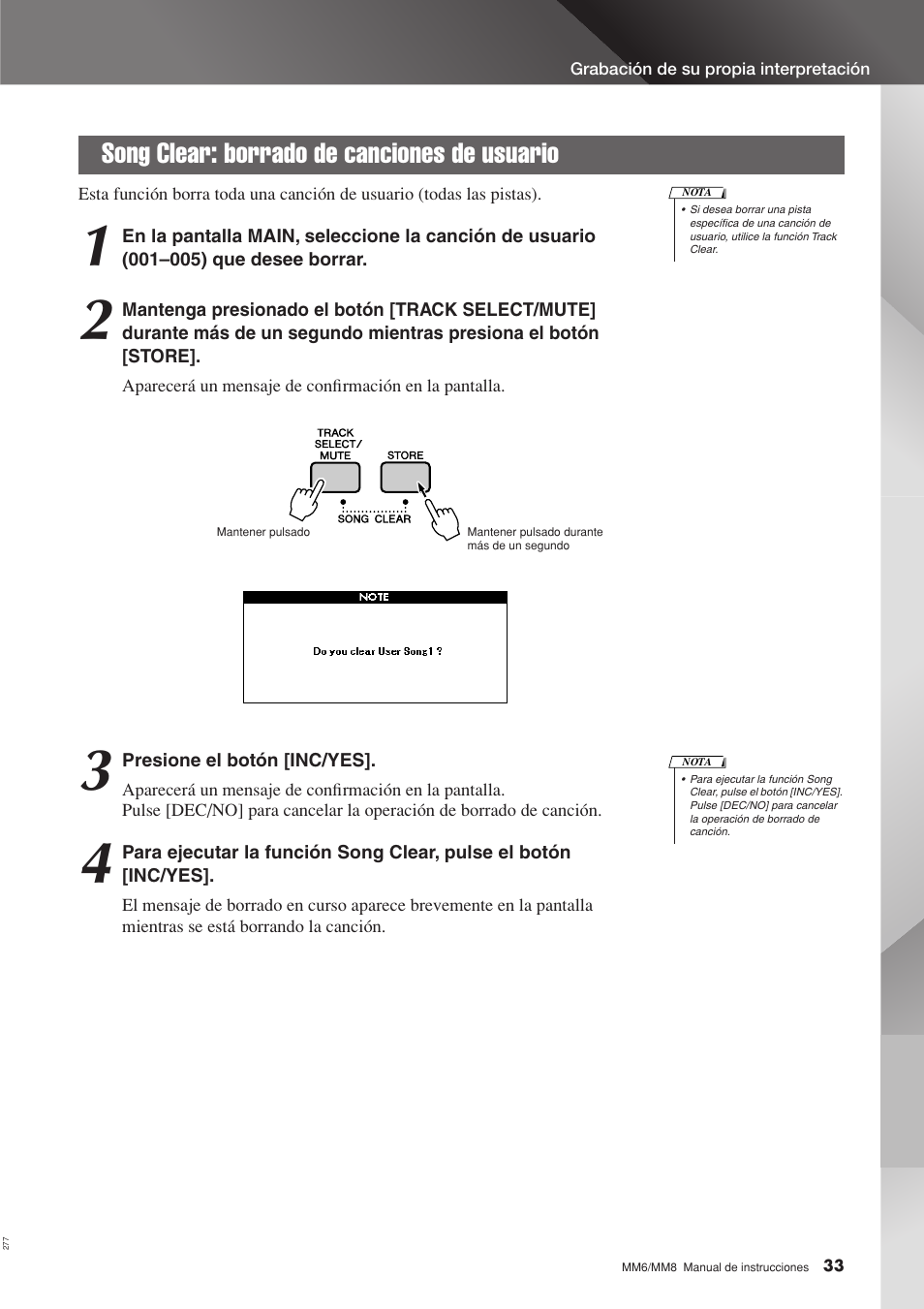 Song clear: borrado de canciones de usuario | Yamaha MM8  EU User Manual | Page 33 / 116