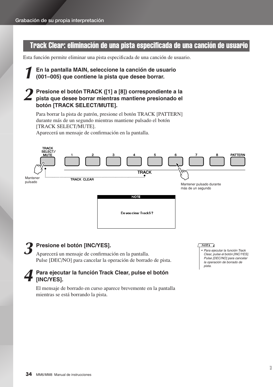 Track clear: eliminación de una pista especificada, De una canción de usuario | Yamaha MM8  EU User Manual | Page 34 / 116