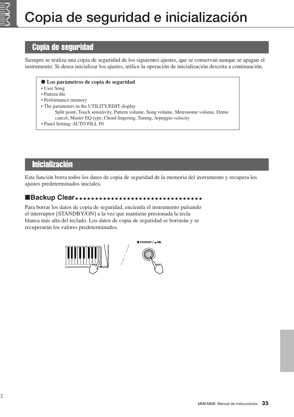 Copia de seguridad e inicialización, Copia de seguridad, Inicialización | Copia de seguridad inicialización | Yamaha MM8  EU User Manual | Page 35 / 116