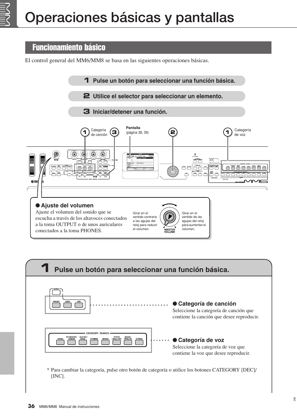Operaciones básicas y pantallas, Funcionamiento básico, Pulse un botón para seleccionar una función básica | Yamaha MM8  EU User Manual | Page 36 / 116