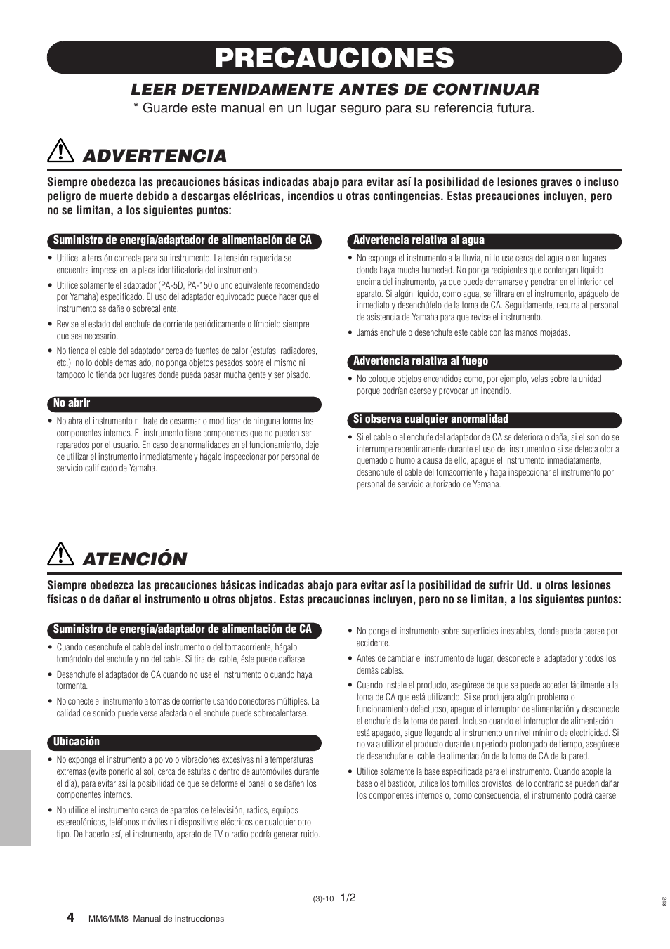 Precauciones, Advertencia, Atención | Leer detenidamente antes de continuar | Yamaha MM8  EU User Manual | Page 4 / 116