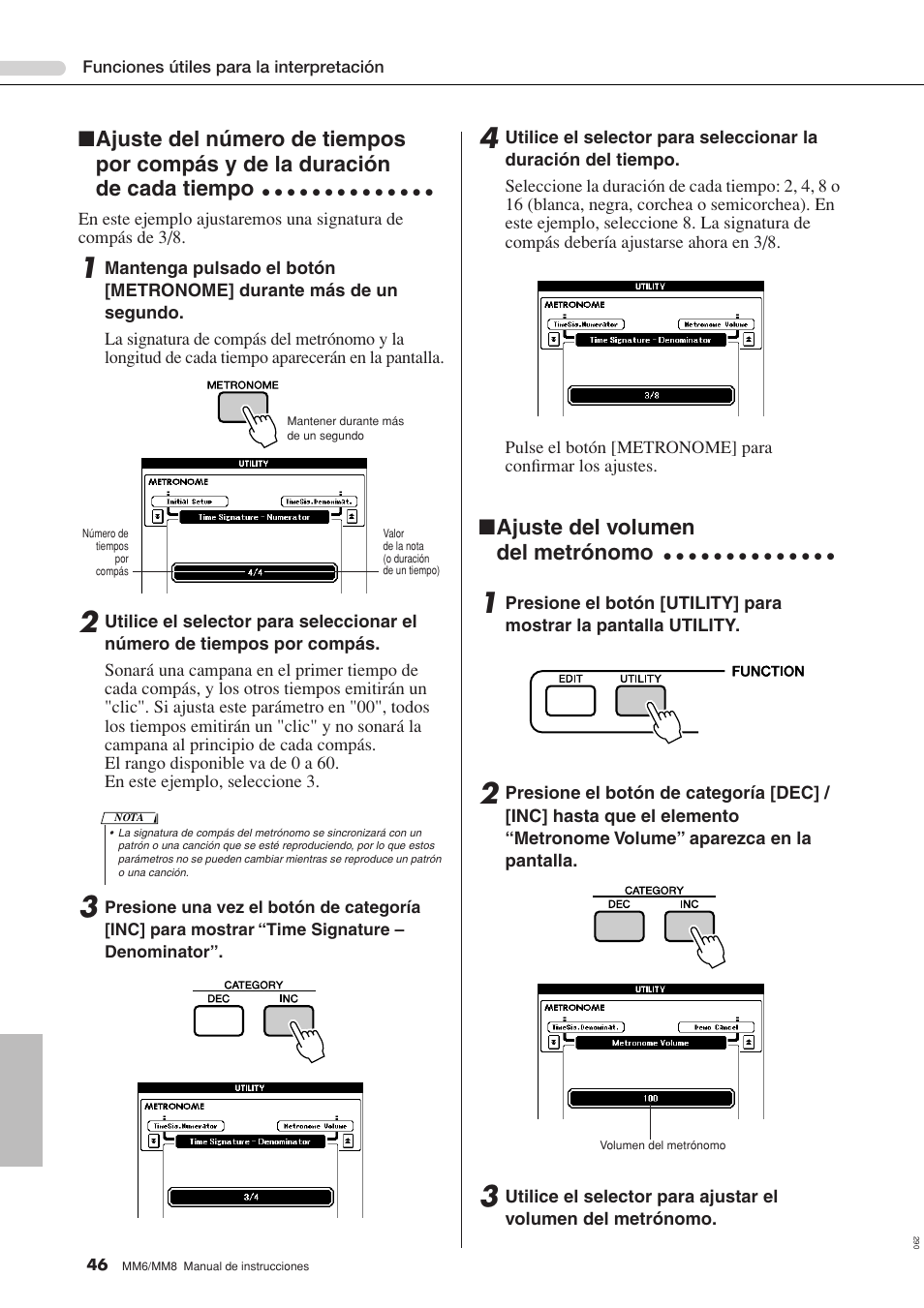 Ajuste del volumen del metrónomo | Yamaha MM8  EU User Manual | Page 46 / 116