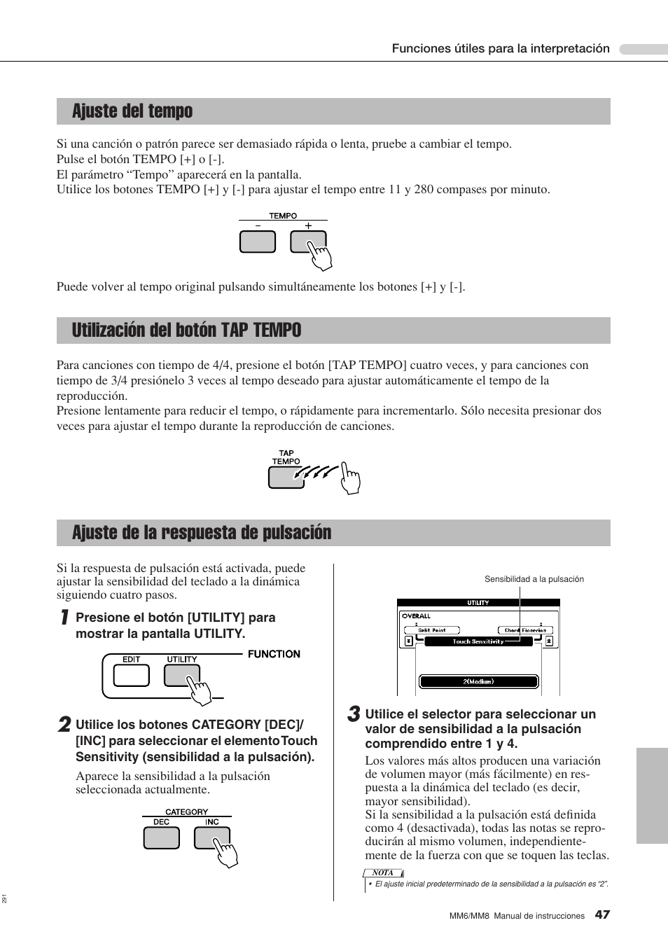 Ajuste del tempo, Utilización del botón tap tempo, Ajuste de la respuesta de pulsación | Yamaha MM8  EU User Manual | Page 47 / 116