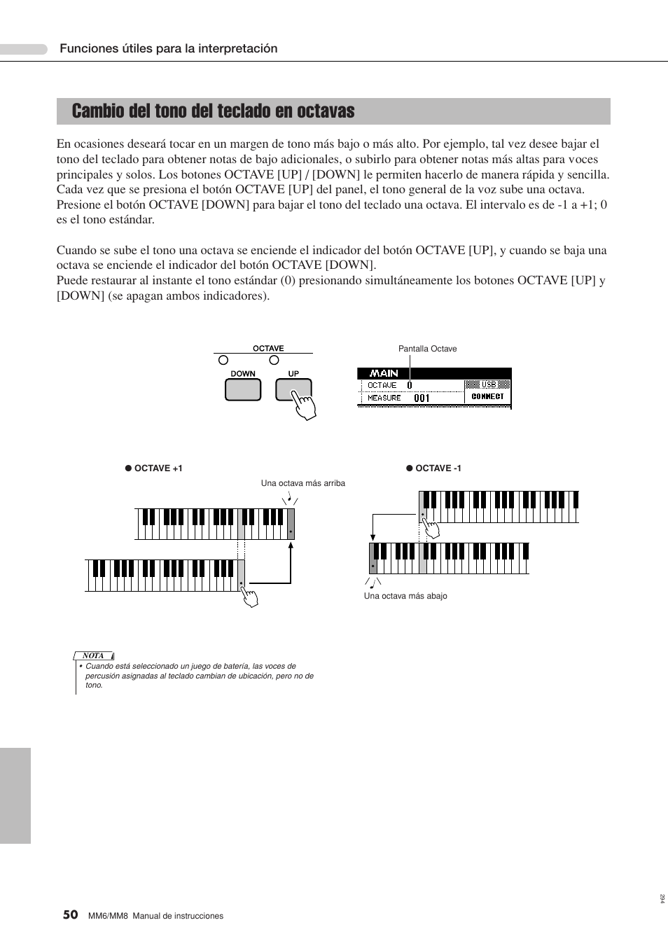 Cambio del tono del teclado en octavas | Yamaha MM8  EU User Manual | Page 50 / 116