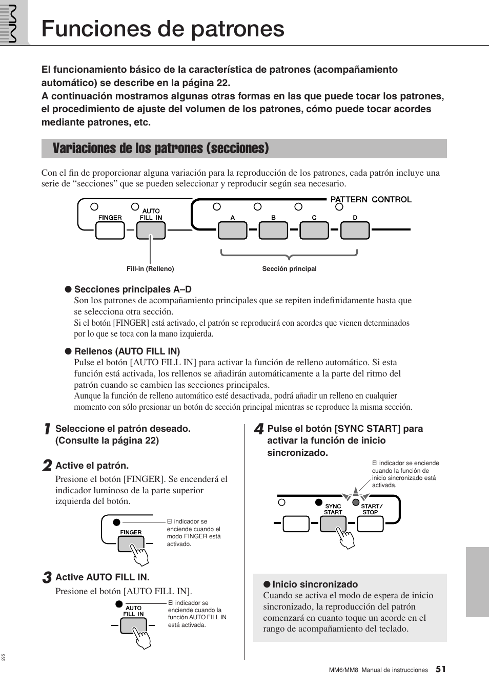 Funciones de patrones, Variaciones de los patrones (secciones) | Yamaha MM8  EU User Manual | Page 51 / 116