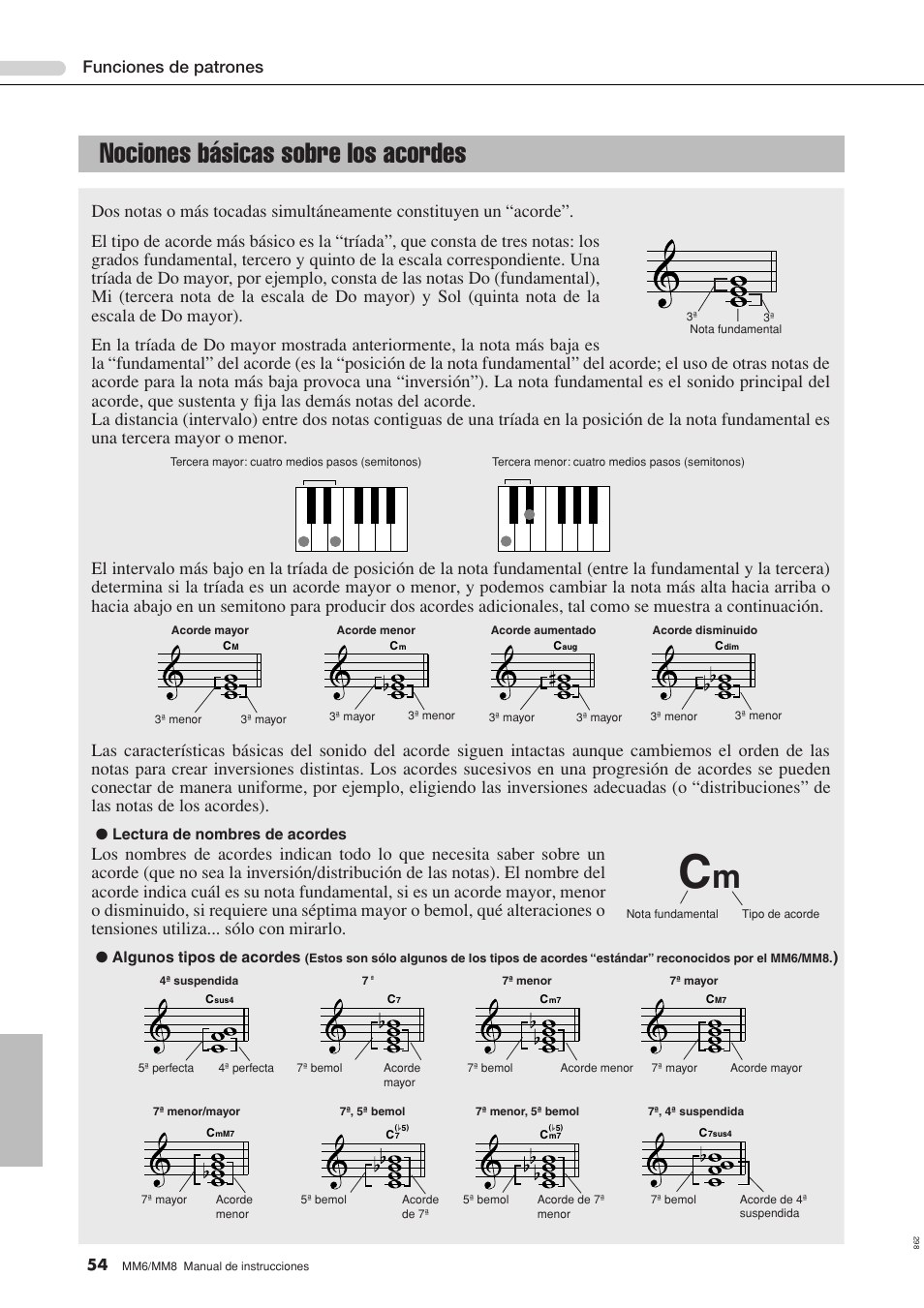 Nociones básicas sobre los acordes, Funciones de patrones, Lectura de nombres de acordes | Algunos tipos de acordes | Yamaha MM8  EU User Manual | Page 54 / 116