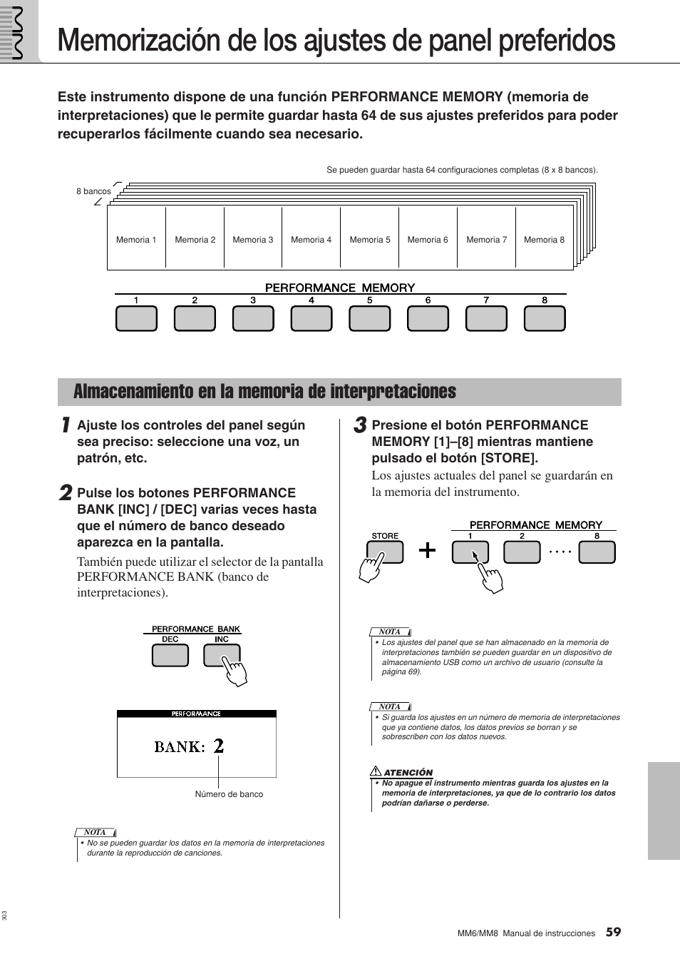 Memorización de los ajustes de panel preferidos, Almacenamiento en la memoria de interpretaciones | Yamaha MM8  EU User Manual | Page 59 / 116
