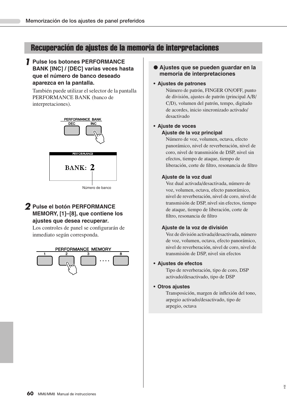 Recuperación de ajustes de la memoria, De interpretaciones | Yamaha MM8  EU User Manual | Page 60 / 116