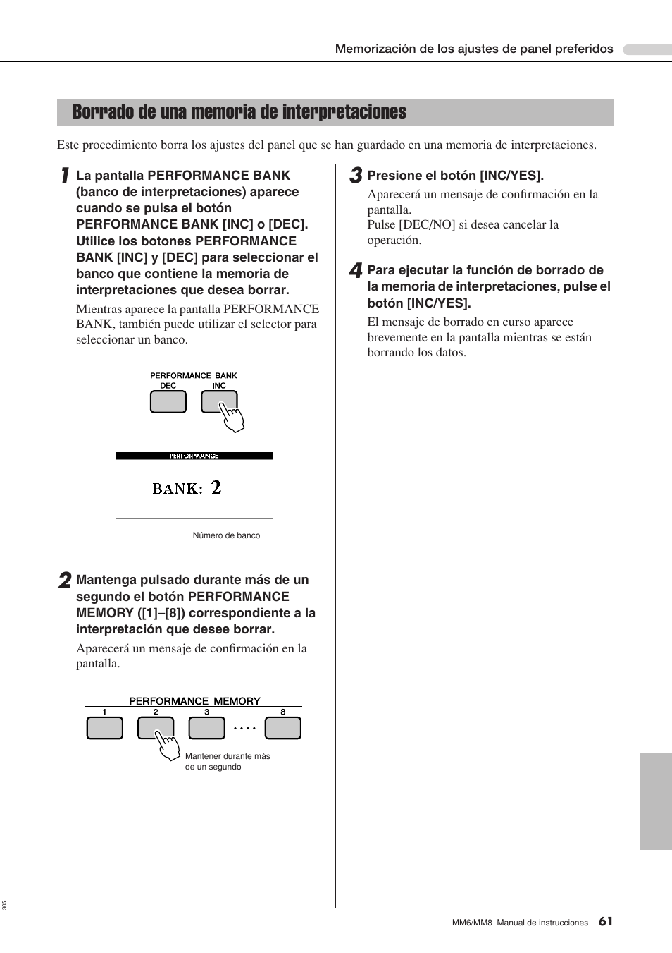 Borrado de una memoria de interpretaciones | Yamaha MM8  EU User Manual | Page 61 / 116