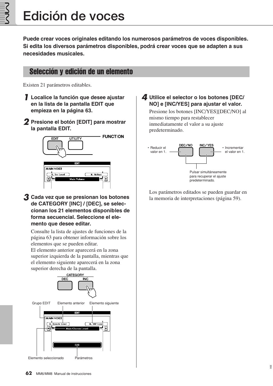 Edición de voces, Selección y edición de un elemento | Yamaha MM8  EU User Manual | Page 62 / 116