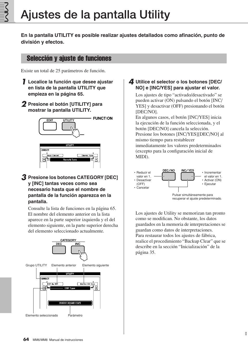 Ajustes de la pantalla utility, Selección y ajuste de funciones | Yamaha MM8  EU User Manual | Page 64 / 116