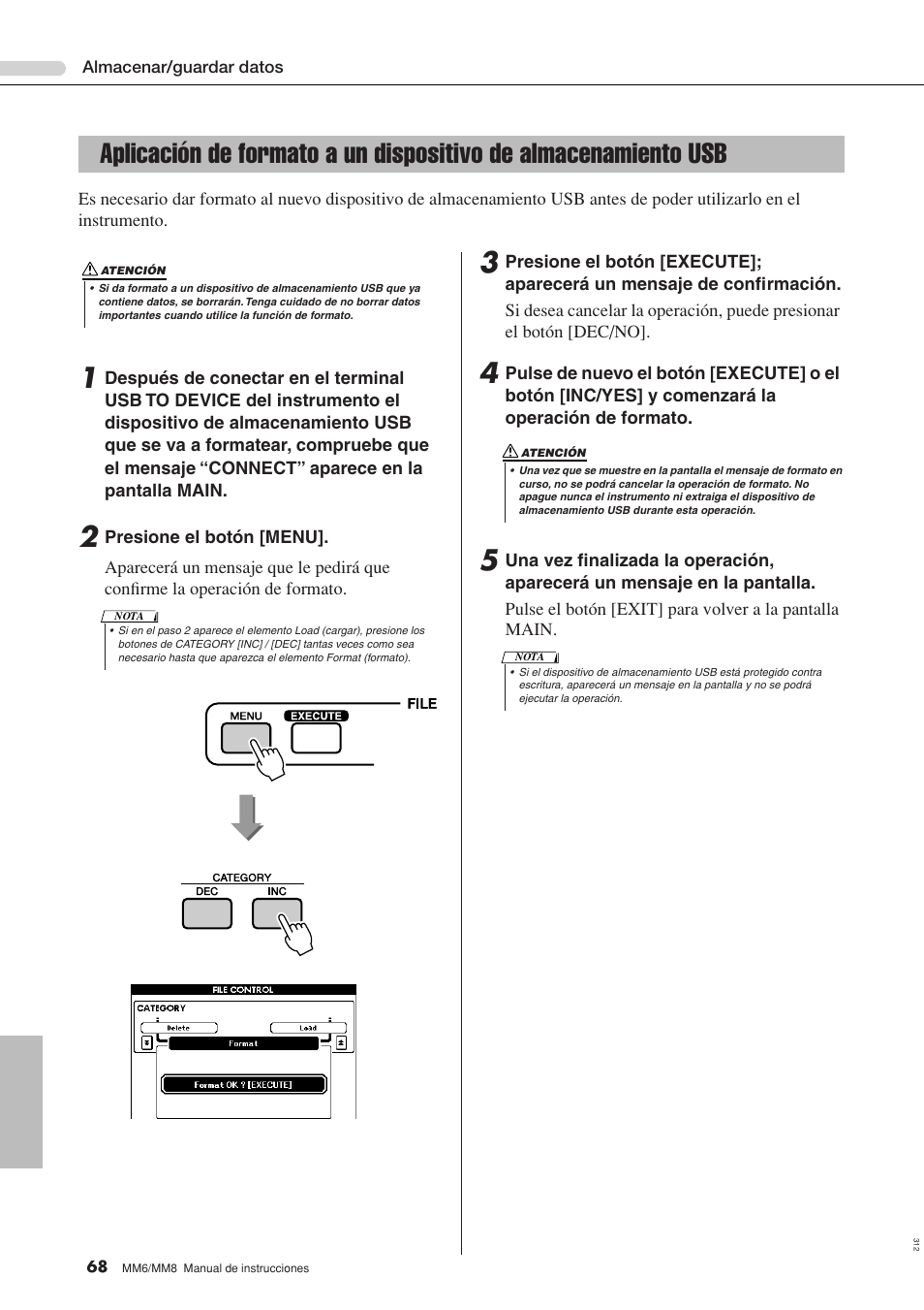 Aplicación de formato a un dispositivo, De almacenamiento usb | Yamaha MM8  EU User Manual | Page 68 / 116