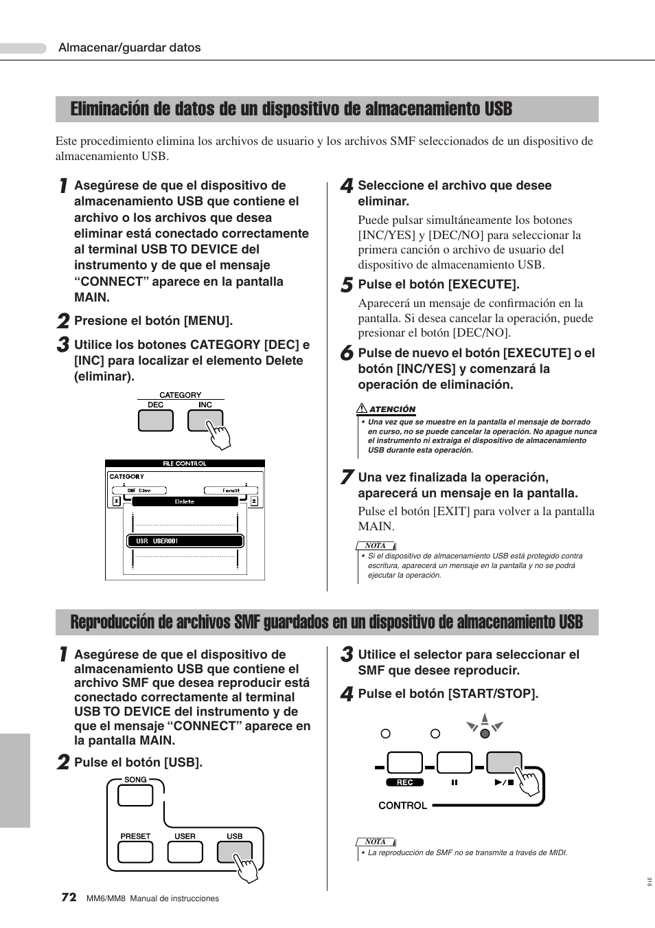 Eliminación de datos de un dispositivo, De almacenamiento usb, Reproducción de archivos smf guardados | En un dispositivo de almacenamiento usb | Yamaha MM8  EU User Manual | Page 72 / 116