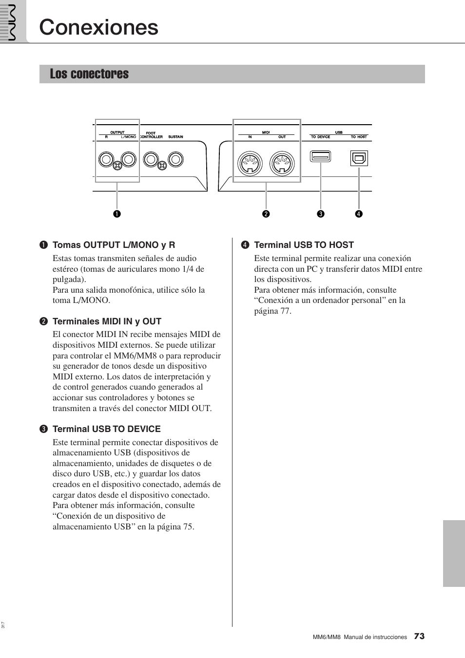 Conexiones, Los conectores | Yamaha MM8  EU User Manual | Page 73 / 116