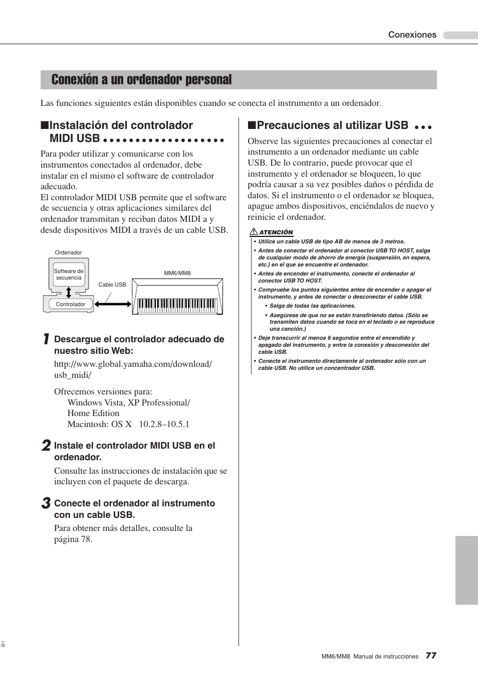Conexión a un ordenador personal, Instalación del controlador midi usb, Precauciones al utilizar usb | Yamaha MM8  EU User Manual | Page 77 / 116