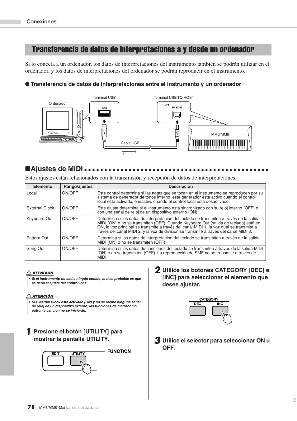 Un ordenador, Ajustes de midi | Yamaha MM8  EU User Manual | Page 78 / 116