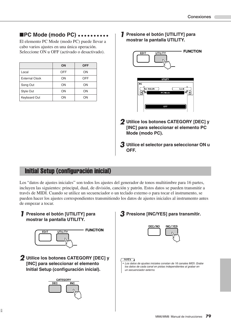 Initial setup (configuración inicial), Pc mode (modo pc) | Yamaha MM8  EU User Manual | Page 79 / 116