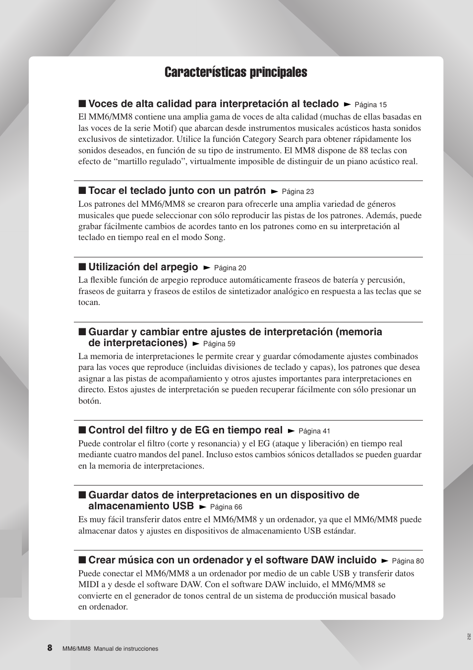 Características principales | Yamaha MM8  EU User Manual | Page 8 / 116