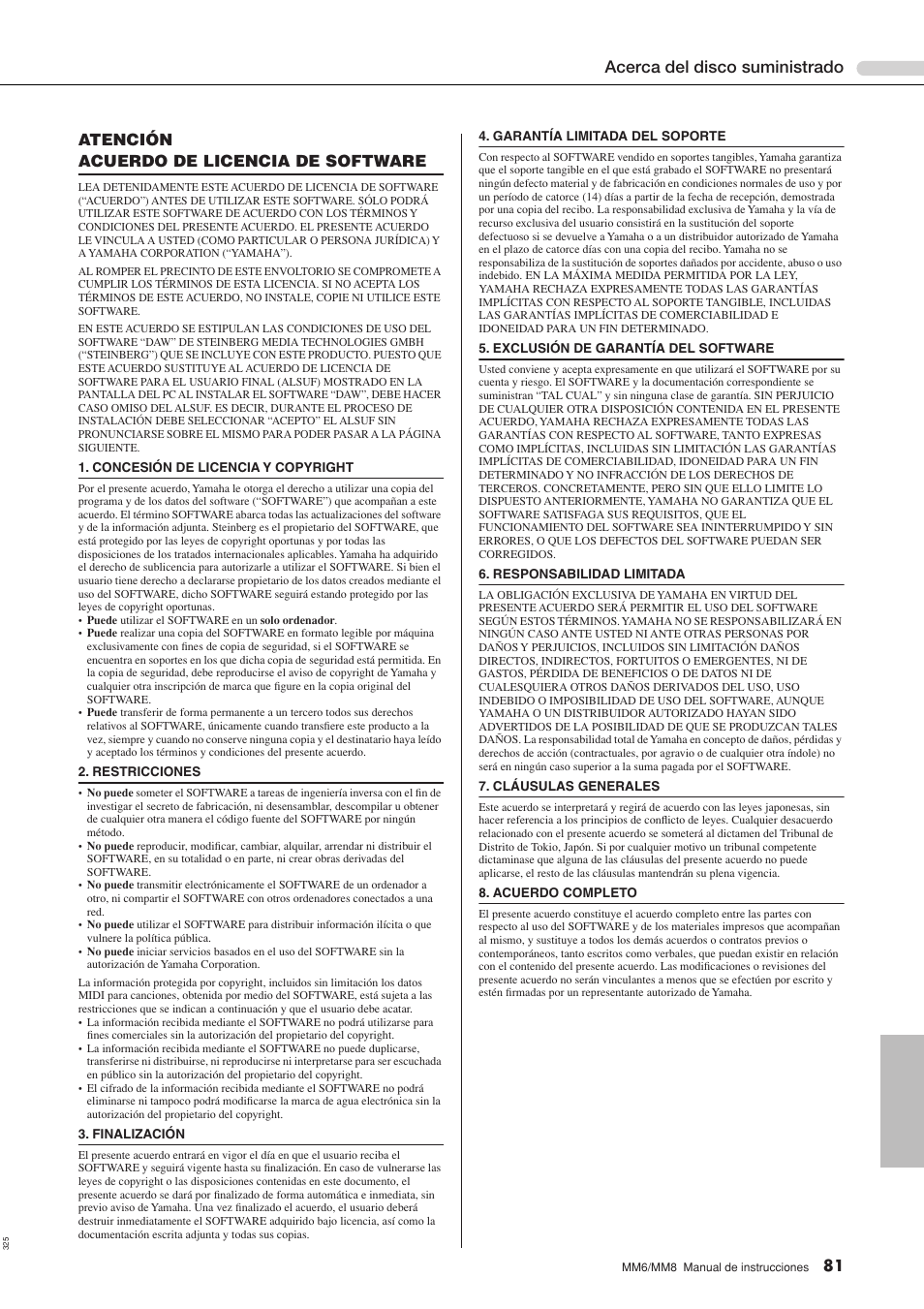 Acerca del disco suministrado, 81 atención acuerdo de licencia de software | Yamaha MM8  EU User Manual | Page 81 / 116