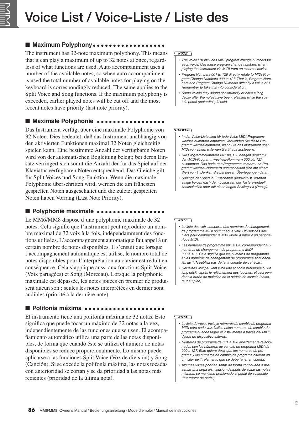 Voice list / voice-liste / liste des, Maximum polyphony, Maximale polyphonie | Polyphonie maximale, Polifonía máxima | Yamaha MM8  EU User Manual | Page 86 / 116