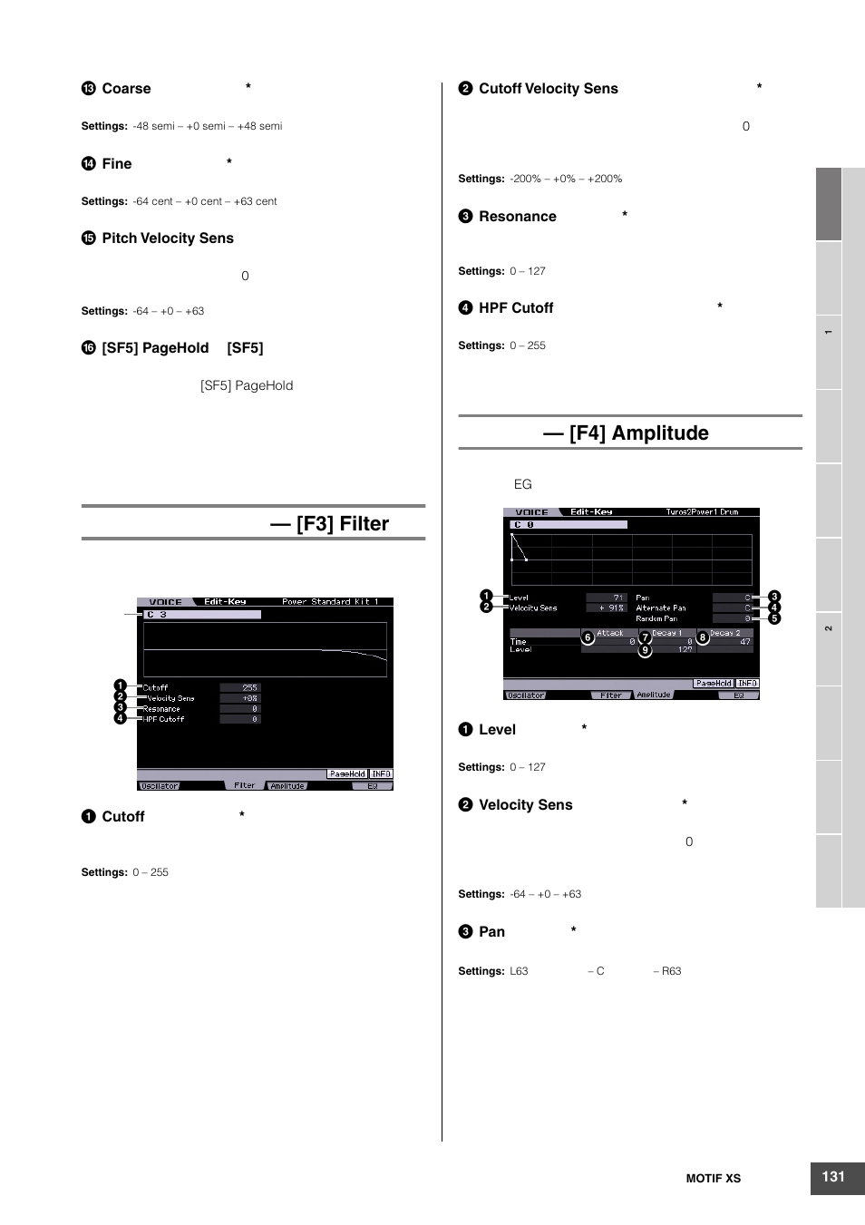 F3] filter, F4] amplitude | Yamaha MOTIF XS6 User Manual | Page 131 / 320