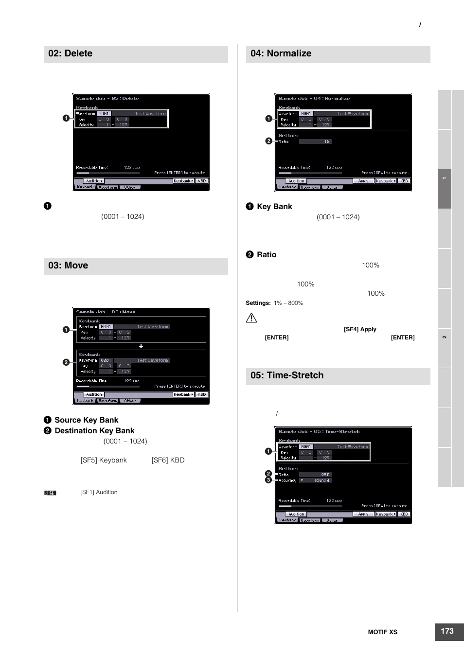 Delete 03: move, Normalize 05: time-stretch | Yamaha MOTIF XS6 User Manual | Page 173 / 320