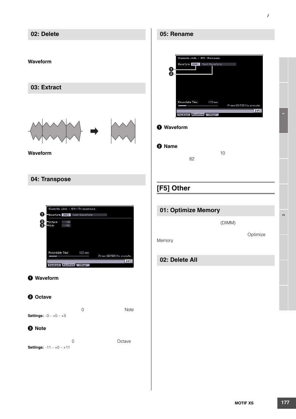 F5] other, Delete 03: extract 04: transpose | Yamaha MOTIF XS6 User Manual | Page 177 / 320