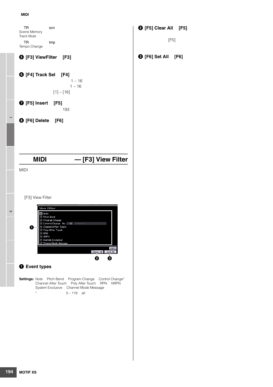 Midi — [f3] view filter | Yamaha MOTIF XS6 User Manual | Page 194 / 320