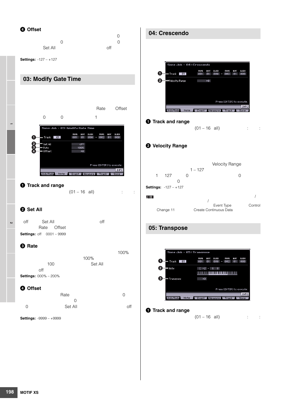 Modify gate time, Crescendo 05: transpose | Yamaha MOTIF XS6 User Manual | Page 198 / 320