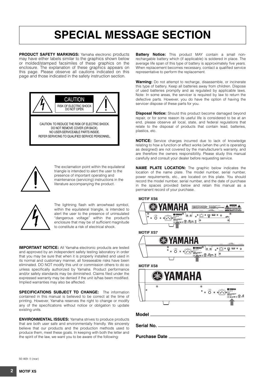 Caution, Model serial no. purchase date | Yamaha MOTIF XS6 User Manual | Page 2 / 320