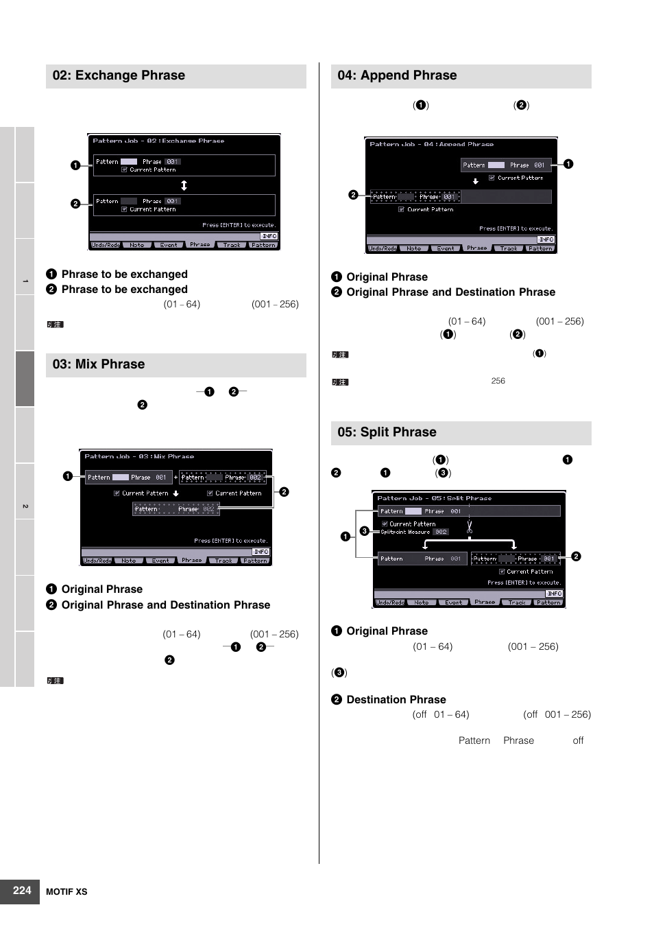 Exchange phrase 03: mix phrase, Append phrase 05: split phrase | Yamaha MOTIF XS6 User Manual | Page 224 / 320