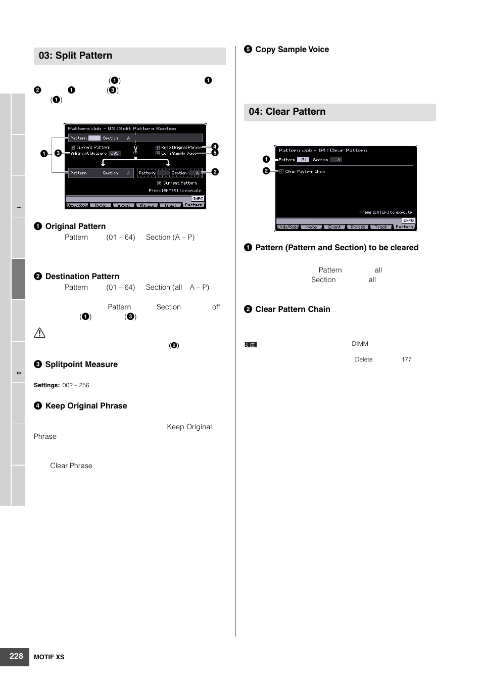 Split pattern, Clear pattern | Yamaha MOTIF XS6 User Manual | Page 228 / 320