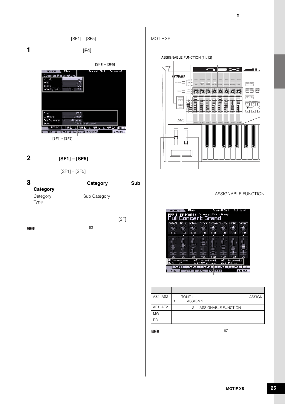 改变琶音类型, 使用控制器, Category sub category | Sf1] – [sf5, Category sub category type [sf, Motif xs assignable function, 2motif xs, Assignable function [1] / [2 | Yamaha MOTIF XS6 User Manual | Page 25 / 320