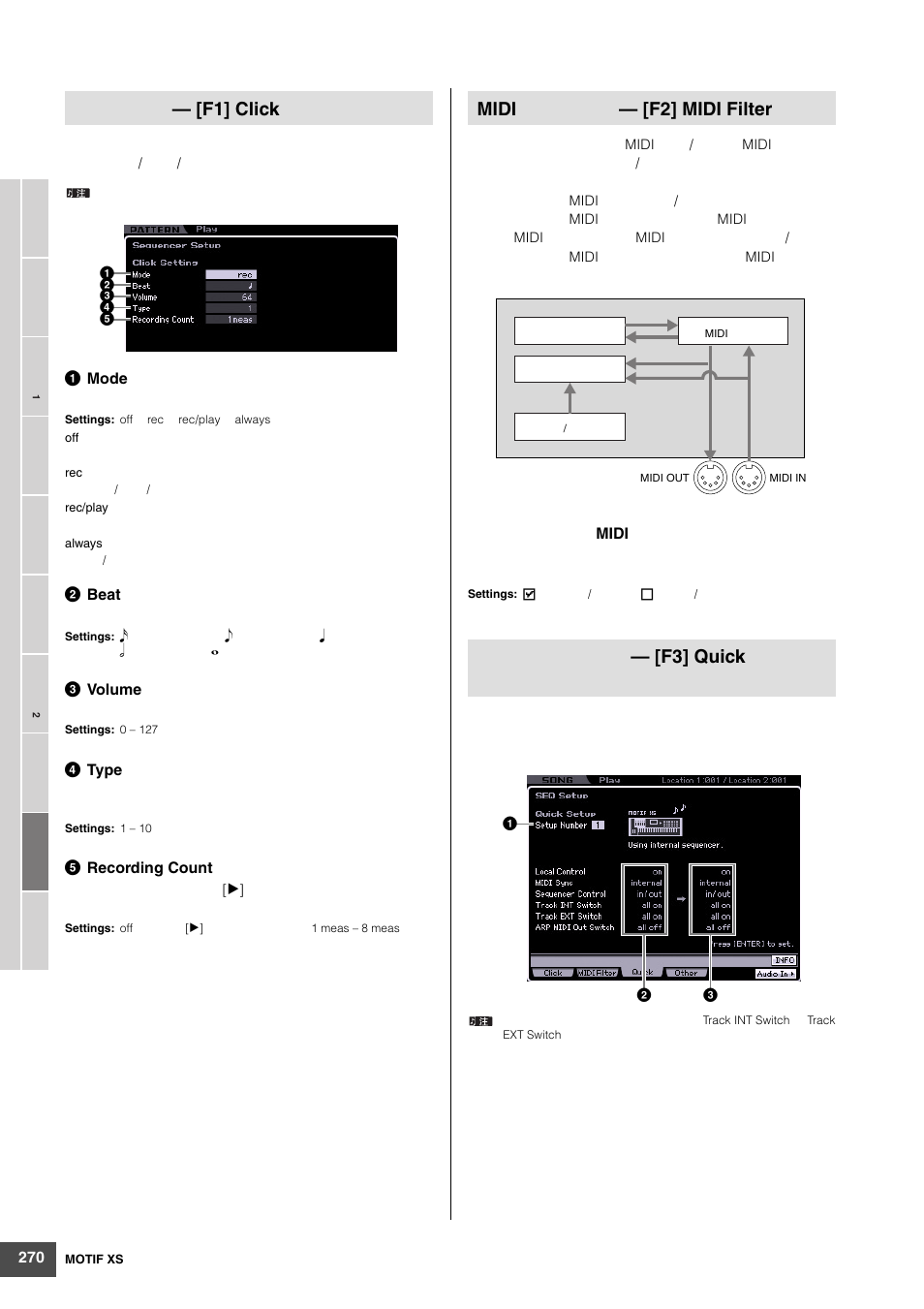 F1] click, Midi — [f2] midi filter — [f3] quick | Yamaha MOTIF XS6 User Manual | Page 270 / 320