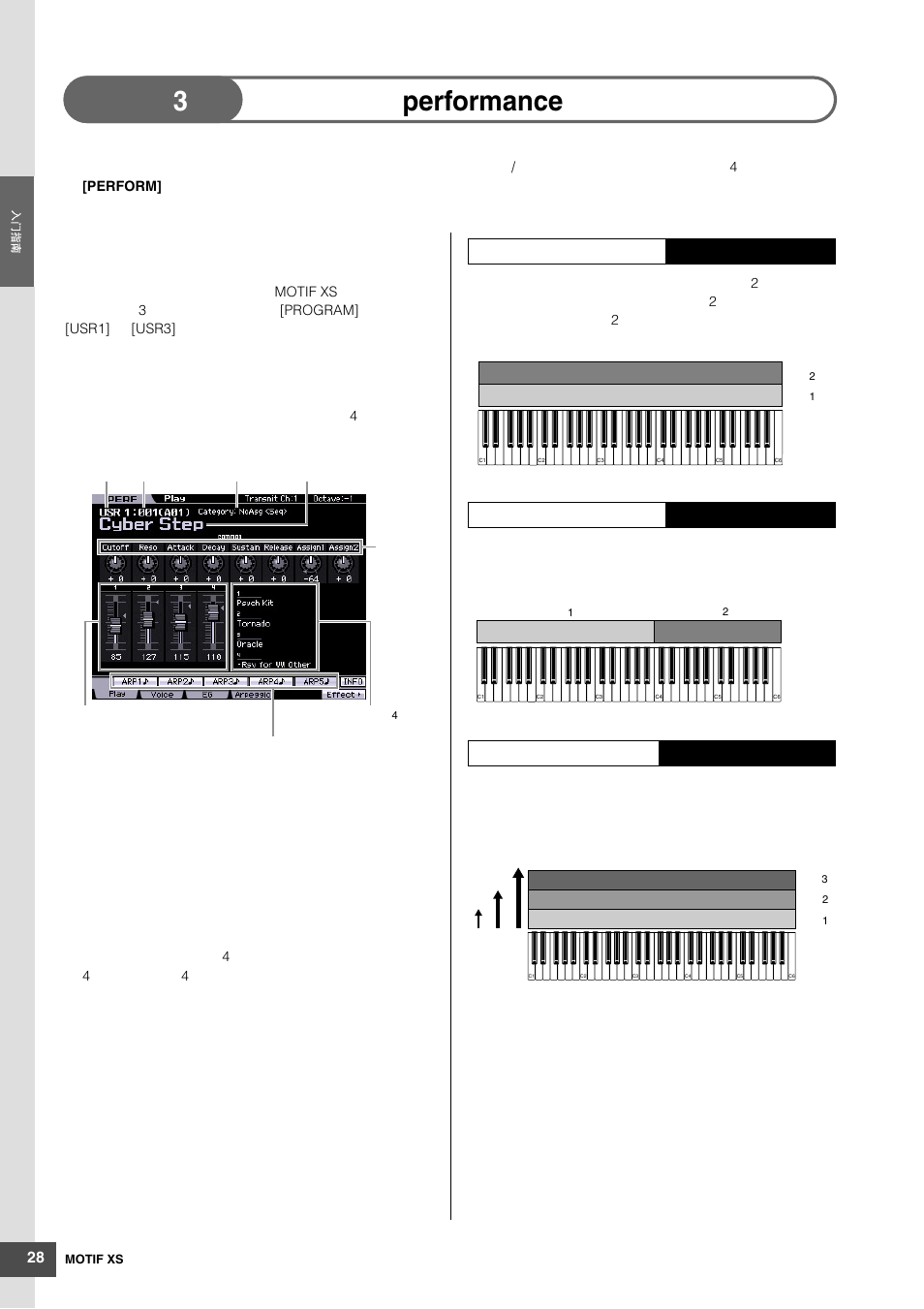 步骤3： 选择并演奏performance演奏组, 选择演奏组, 演奏组播放模式指示 | 将音色分配到演奏组各声部的方 法, Performance | Yamaha MOTIF XS6 User Manual | Page 28 / 320