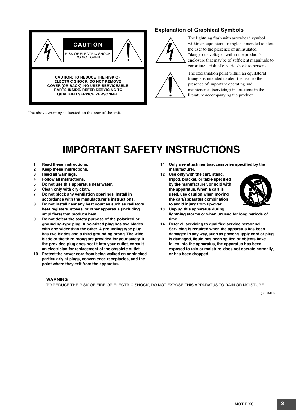 Important safety instructions, Explanation of graphical symbols | Yamaha MOTIF XS6 User Manual | Page 3 / 320