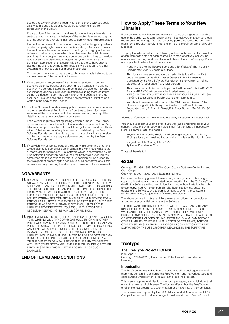 How to apply these terms to your new libraries, Expat, Freetype | Yamaha MOTIF XS6 User Manual | Page 311 / 320