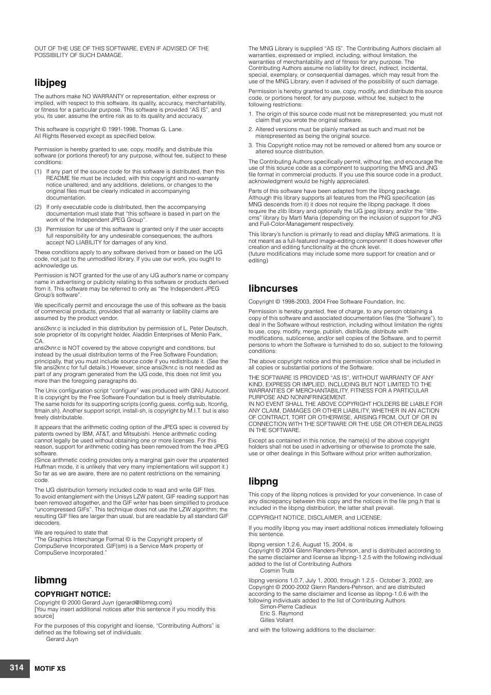 Libjpeg, Libmng, Libncurses | Libpng | Yamaha MOTIF XS6 User Manual | Page 314 / 320