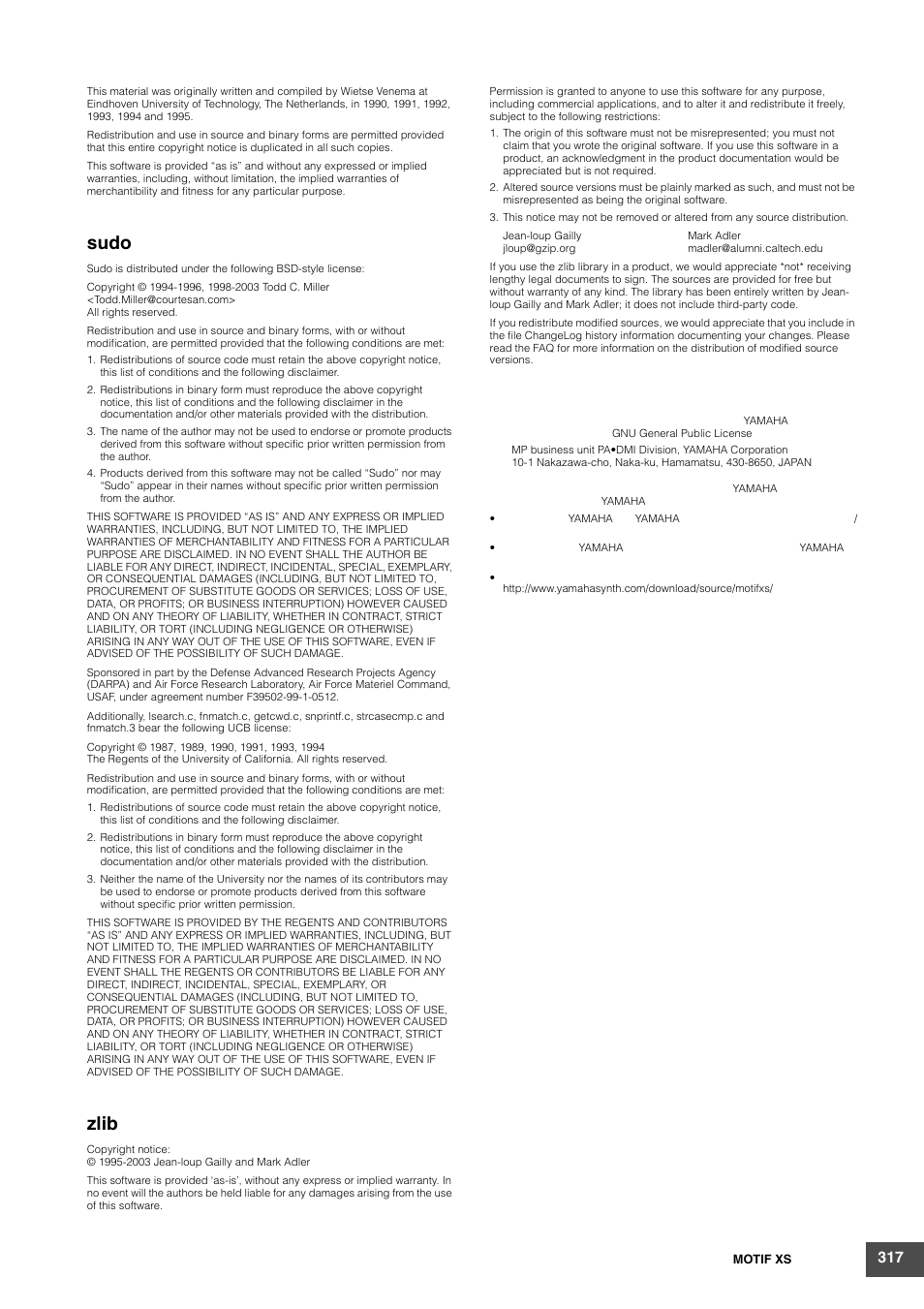 Sudo, Zlib | Yamaha MOTIF XS6 User Manual | Page 317 / 320