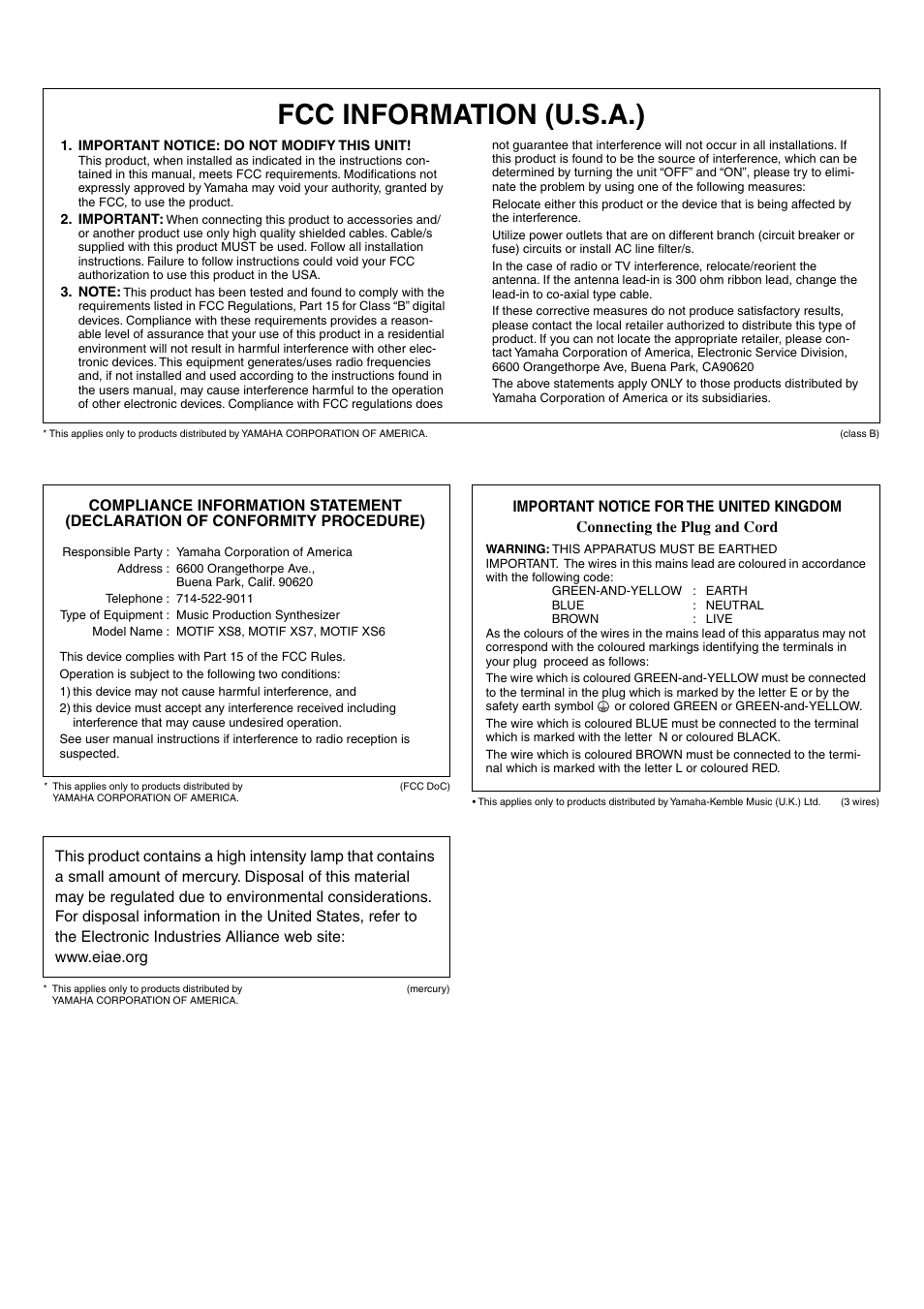 Fcc information (u.s.a.) | Yamaha MOTIF XS6 User Manual | Page 318 / 320