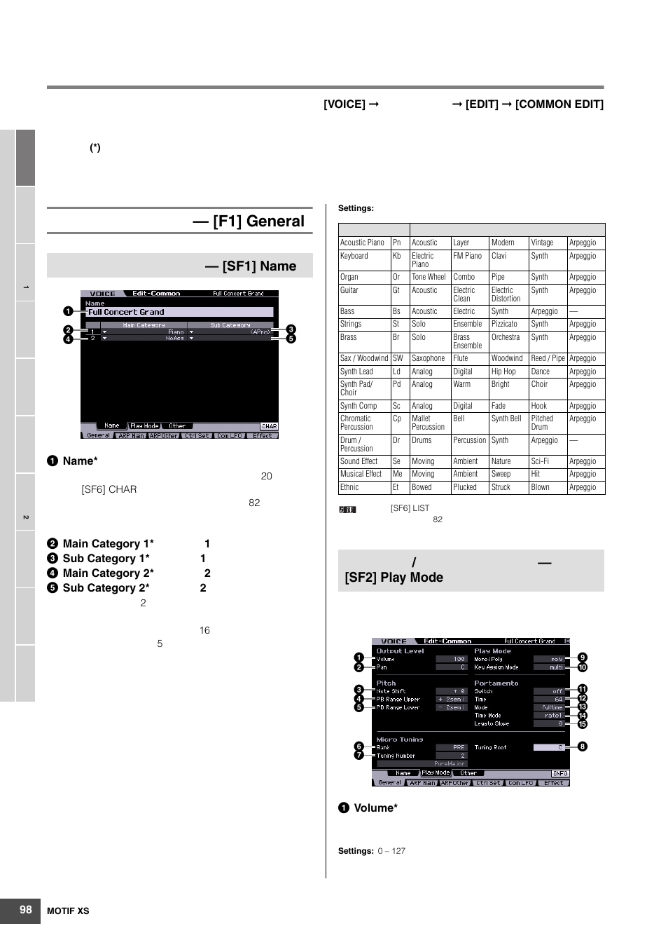 F1] general, Sf1] name, Sf2] play mode | Yamaha MOTIF XS6 User Manual | Page 98 / 320