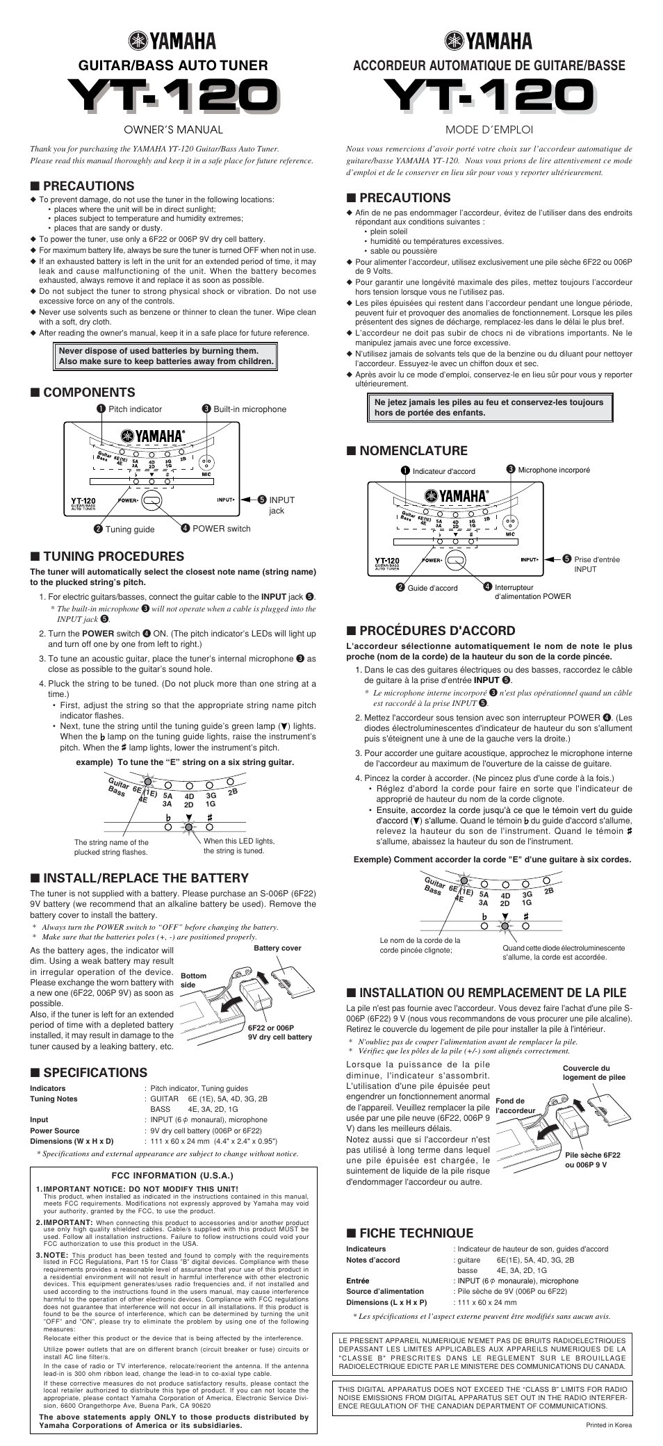 Yt-120, Guitar/bass auto tuner, Accordeur automatique de guitare/basse | Precautions, Components, Nomenclature ■ tuning procedures, Procédures d'accord, Fiche technique, Installation ou remplacement de la pile, Specifications | Yamaha YT-120 User Manual | Page 2 / 4