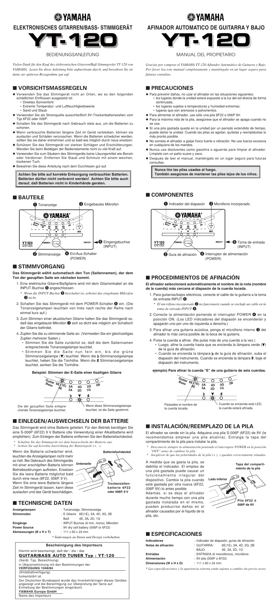 Yt-120, Vorsichtsmassregeln, Technische daten | Precauciones, Especificaciones, Stimmvorgang, Einlegen/auswechseln der batterie, Procedimientos de afinación, Instalación/reemplazo de la pila, Bauteile | Yamaha YT-120 User Manual | Page 3 / 4