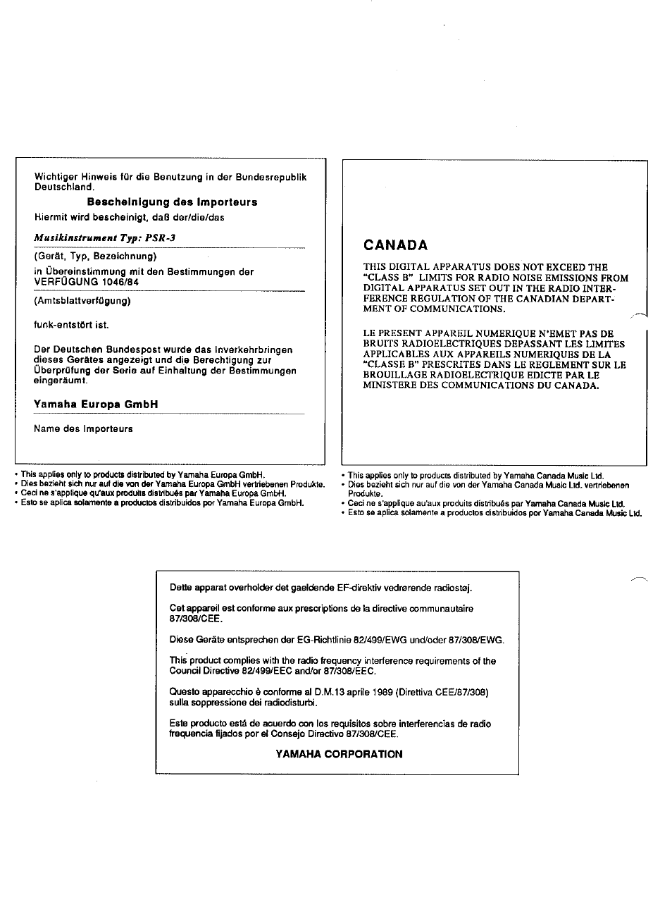 Bescheinigung des importeurs, Yamaha europa gmbh, Yamaha corporation | Yamaha Portatone PSR-3 User Manual | Page 10 / 12