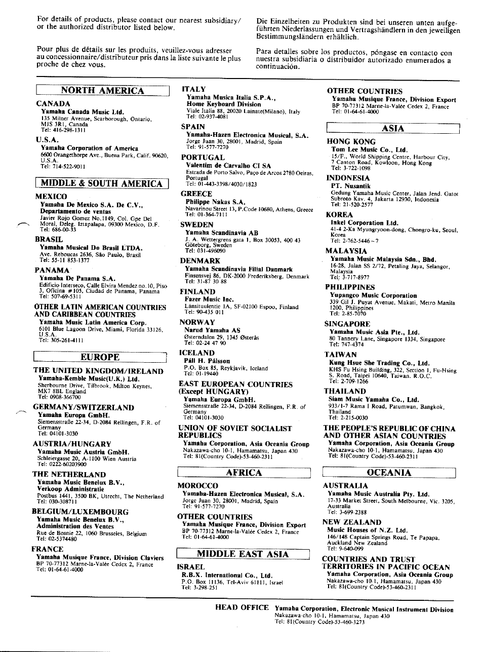 North america, Middle, South america | Europe, Africa, Middle east asia, Asia, Oceania | Yamaha Portatone PSR-3 User Manual | Page 11 / 12