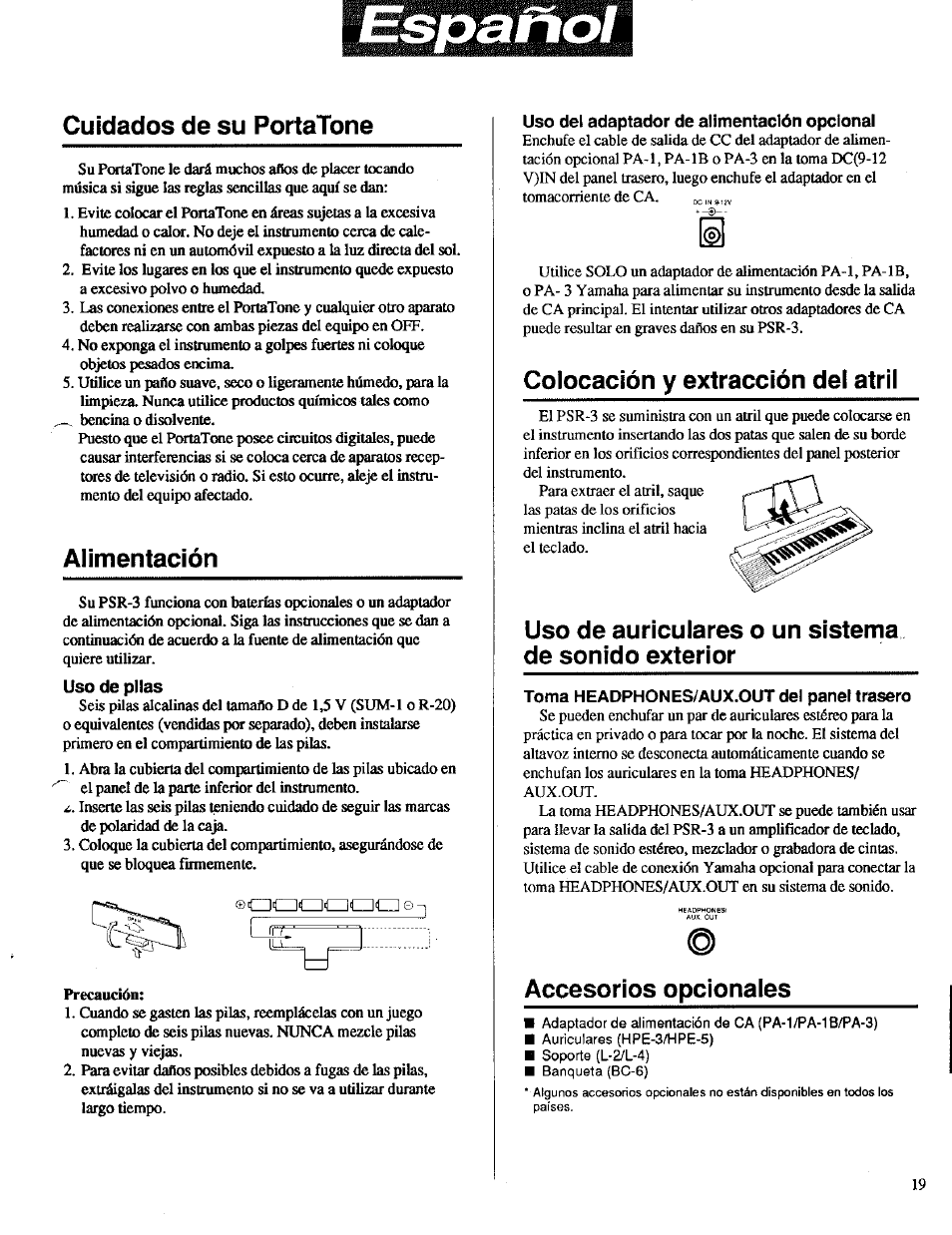 Cuidados de su portatone, Alimentación, Precaución | Colocación y extracción dei atrii, Uso de auriculares o un sistema de sonido exterior, Accesorios opcionales | Yamaha Portatone PSR-3 User Manual | Page 3 / 12