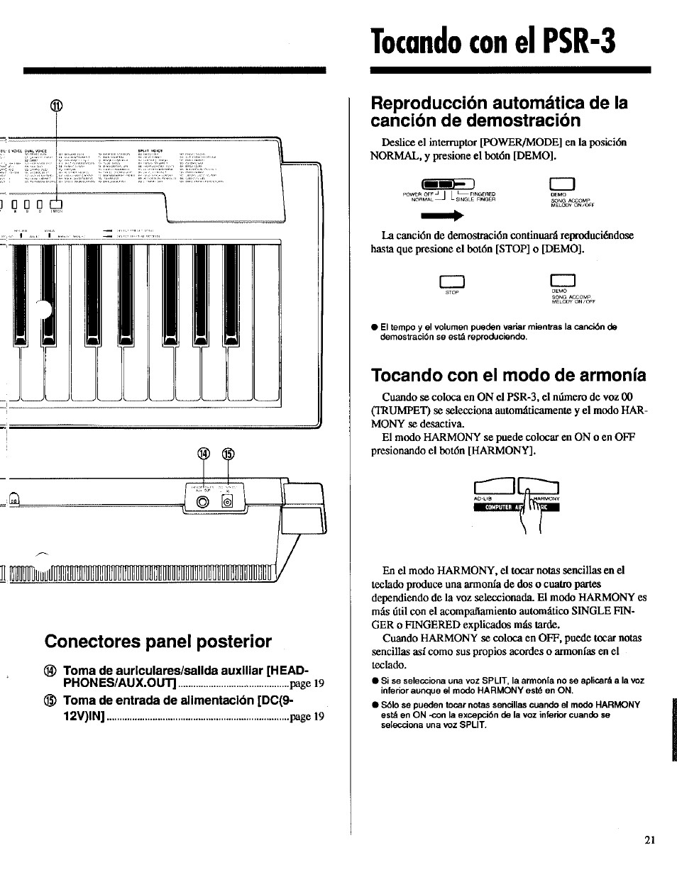 Tocando con el psr-3, Conectores panel posterior, Tocando con el modo de armonía | Conectores del panel posterior | Yamaha Portatone PSR-3 User Manual | Page 5 / 12