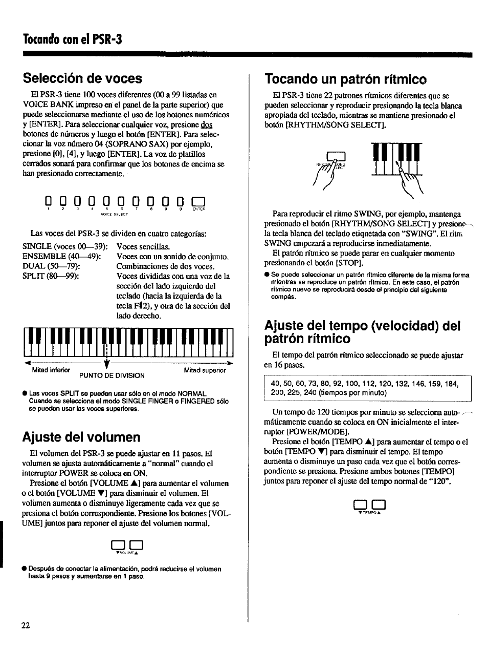 Tocando con el psr*3, Selección de voces, Ajuste del volumen | Tocando un patrón rítmico, Ajuste del tempo (velocidad) del patrón rítmico, Selecting voices | Yamaha Portatone PSR-3 User Manual | Page 6 / 12