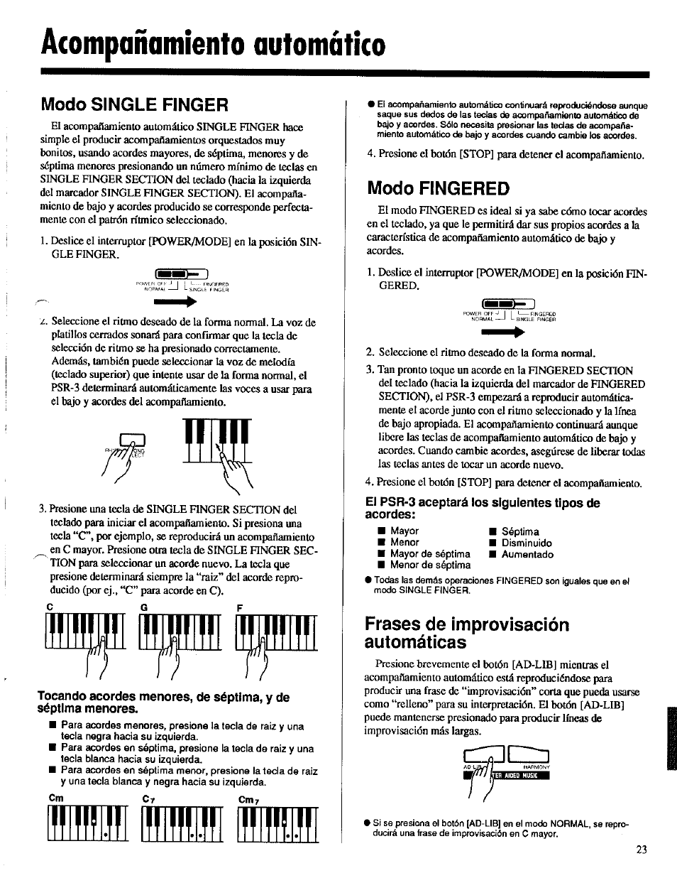 Acompañamiento automàtico, Modo single finger, Modo fingered | Frases de improvisación automáticas, Mode single finger......................^7, Acompañamiento automático | Yamaha Portatone PSR-3 User Manual | Page 7 / 12